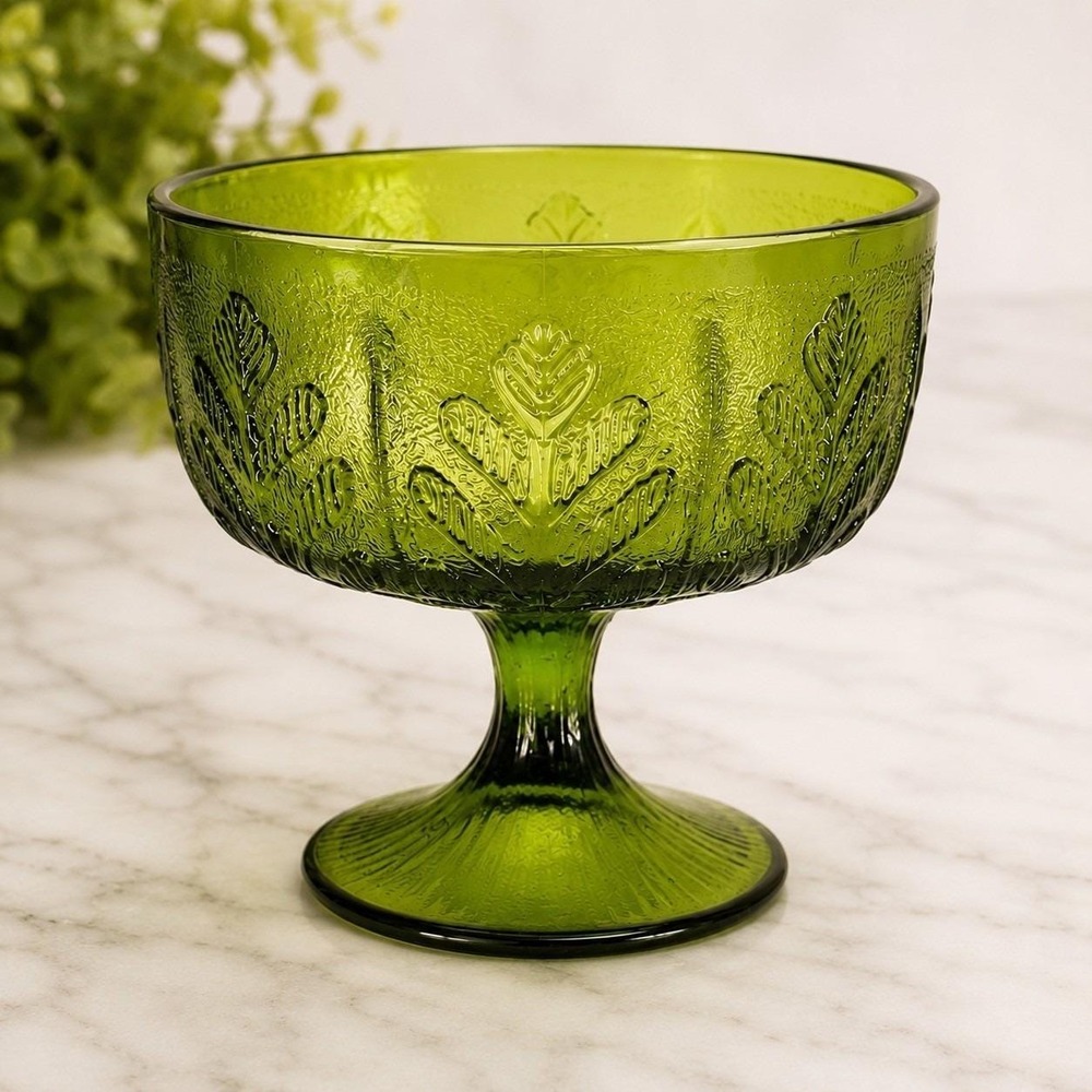 Vintage FTD Avocado Green Pedestal Compote Bowl Oak Leaf Candy Dish 1975 Retro